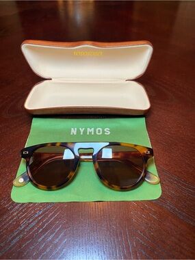 NYMOS Tortoise Shell Sunglasses with gold accents, cleaning cloth and case